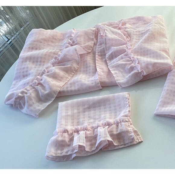 Vintage 80s cafe curtains, pink checkered, 1 panel with 2 side, ruffled, per set - Picture 8 of 8